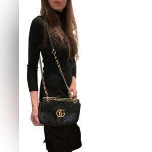 Gucci Black Quilted Leather Double G Shoulder Marmont Bag with Gold Chain